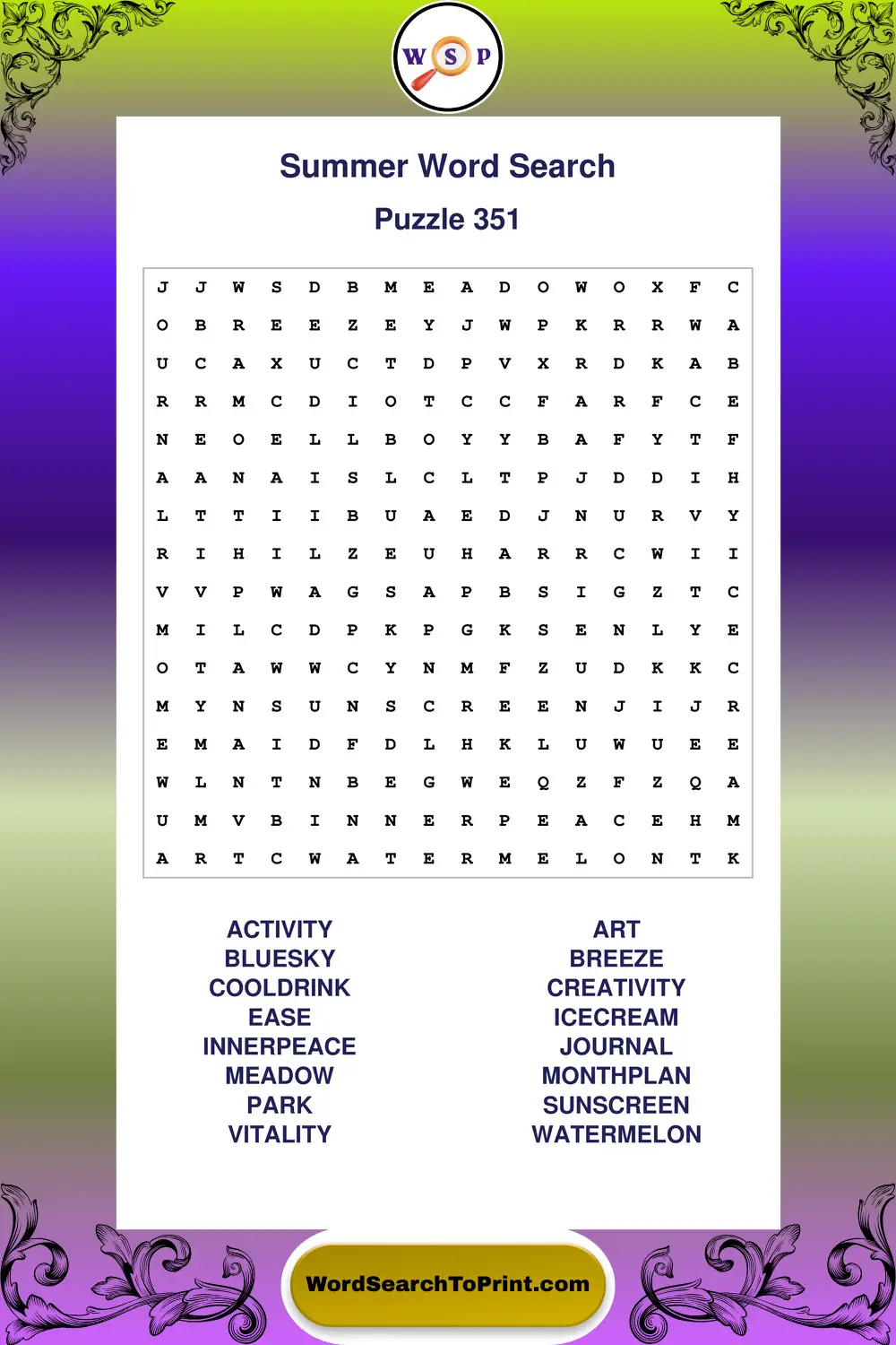 Summer Word Search Puzzle 351