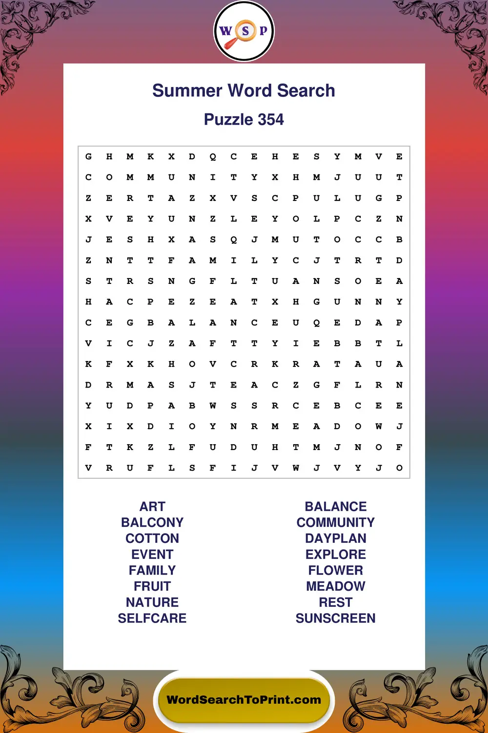 Summer Word Search Puzzle 354