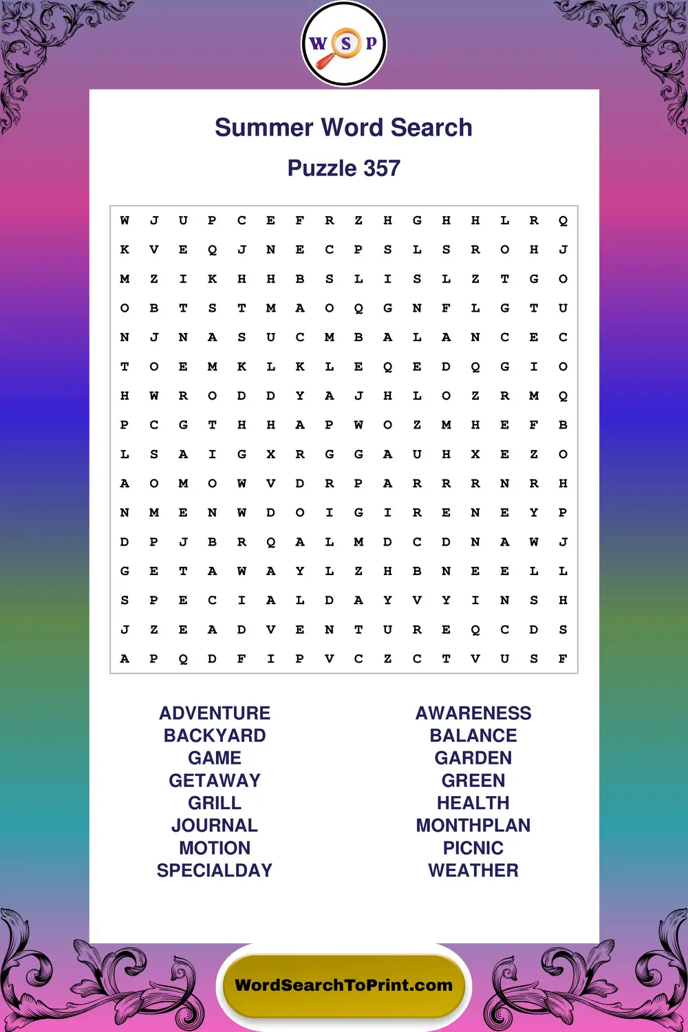 Summer Word Search Puzzle 357