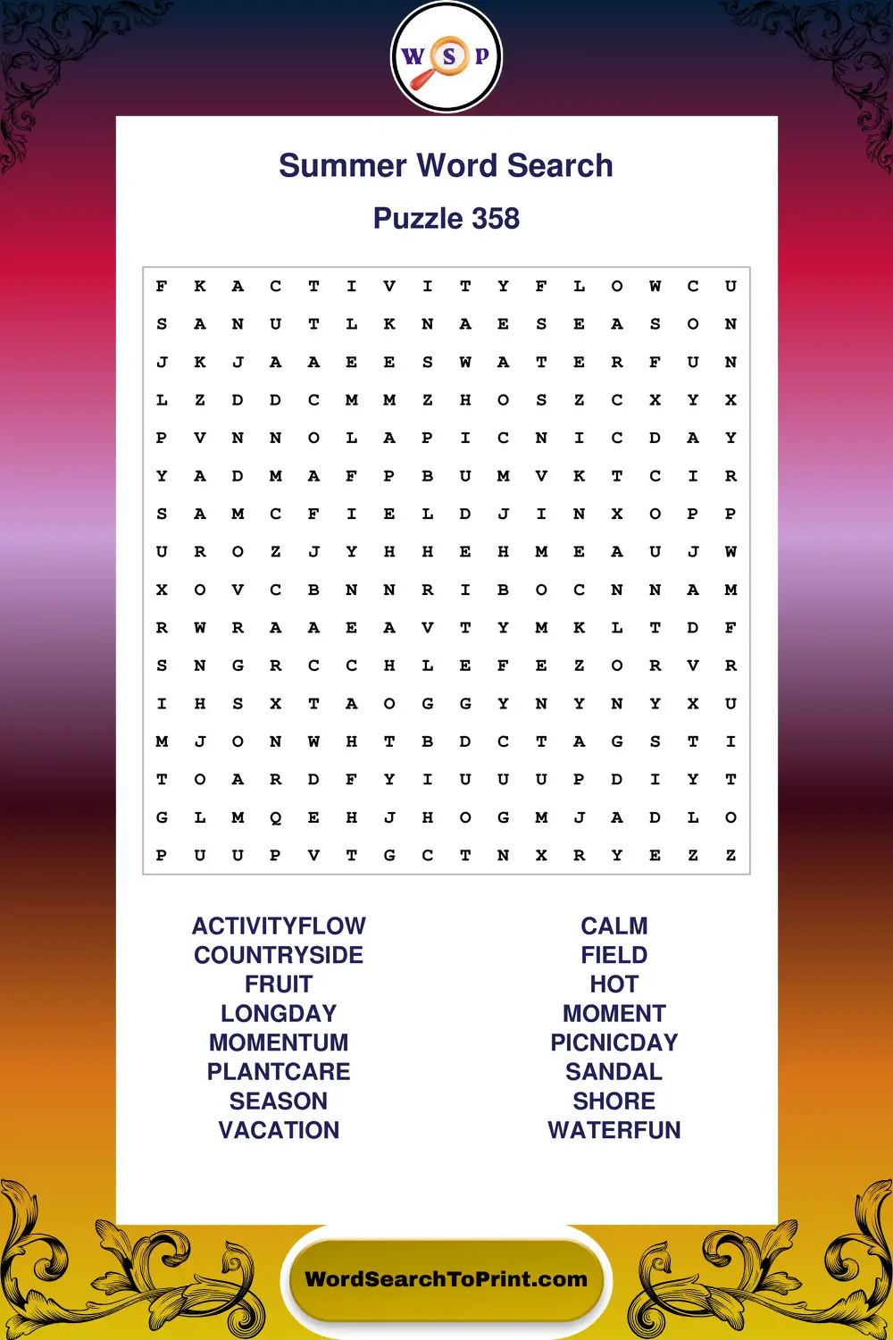 Summer Word Search Puzzle 358