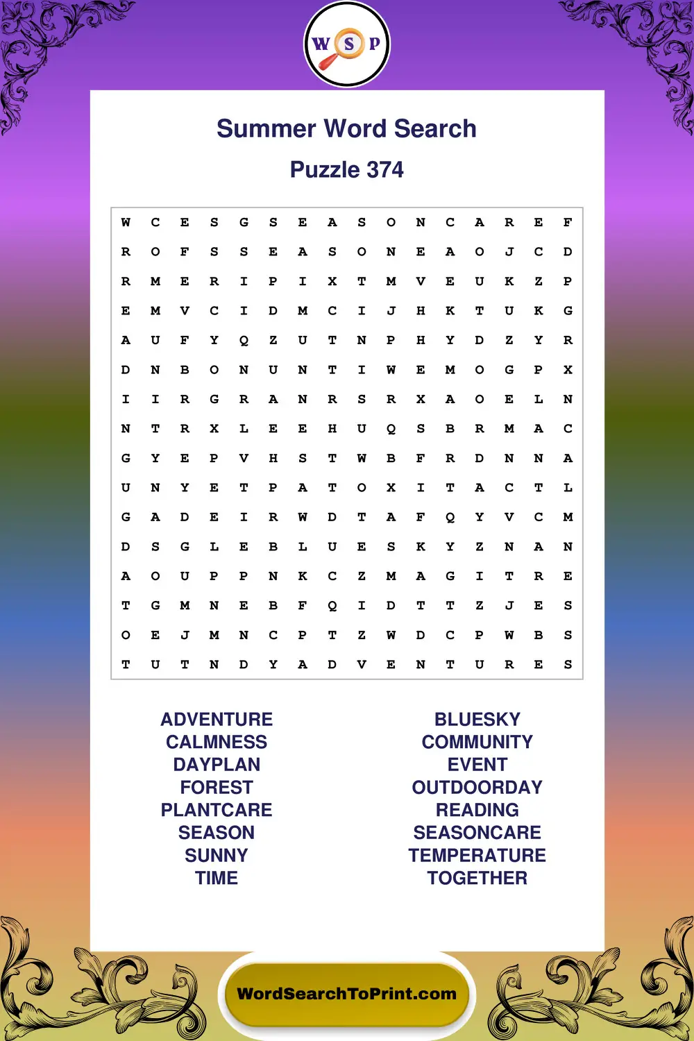 Summer Word Search Puzzle 374