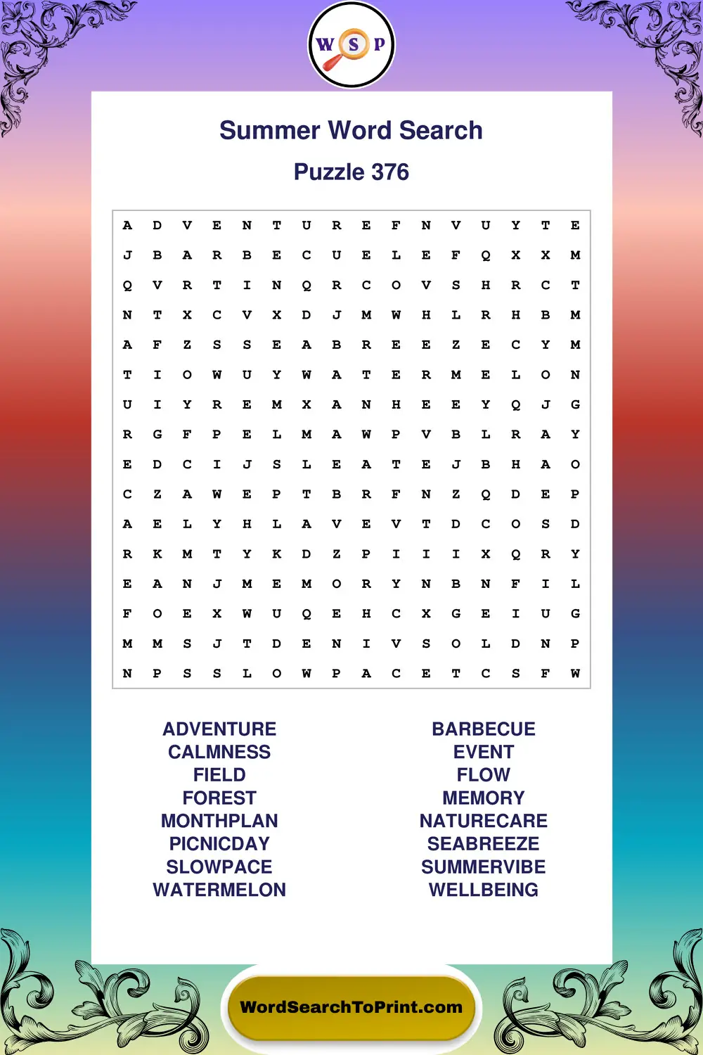 Summer Word Search Puzzle 376