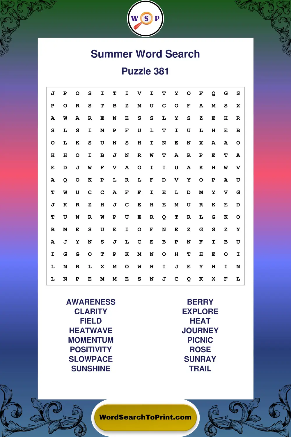 Summer Word Search Puzzle 381
