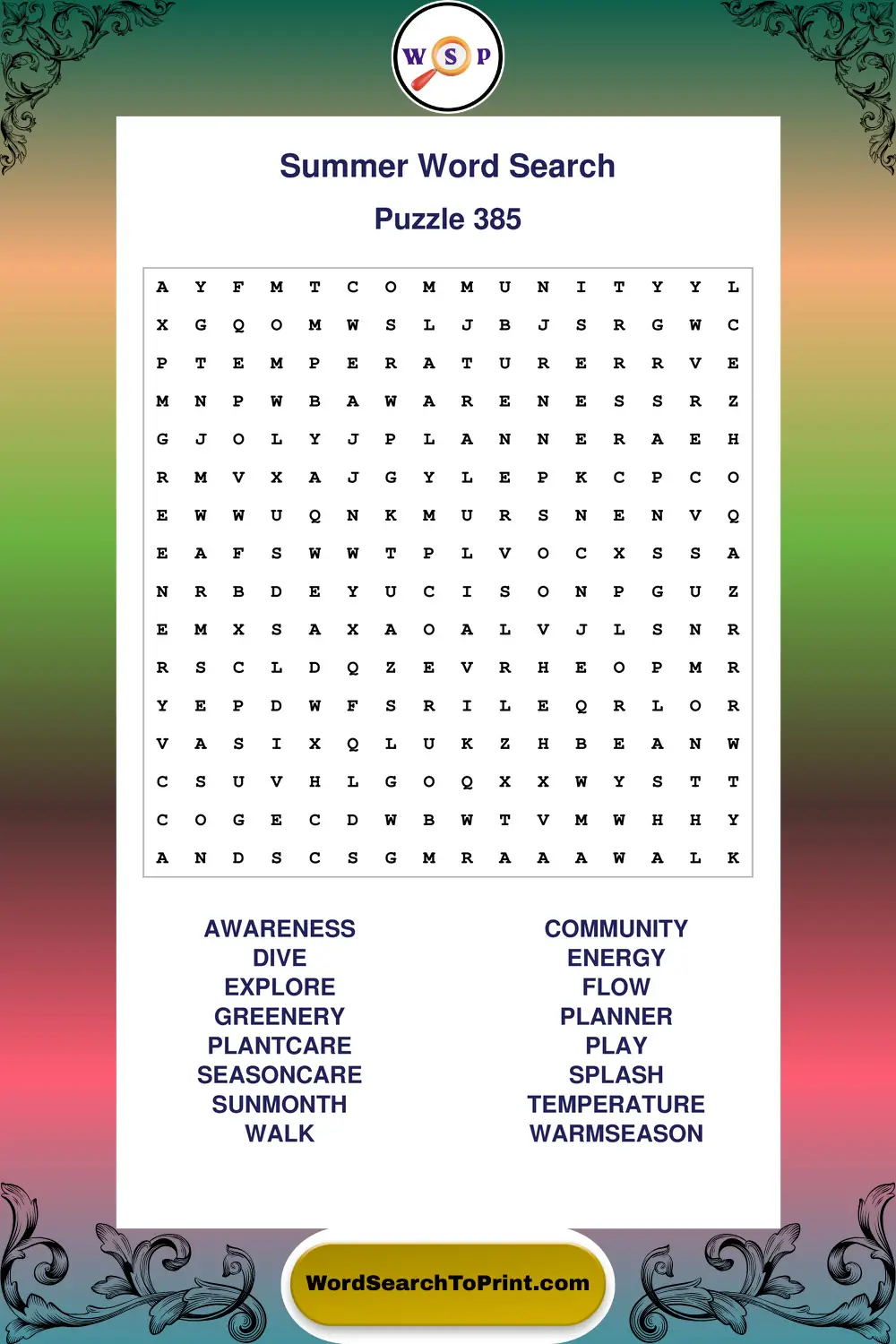 Summer Word Search Puzzle 385