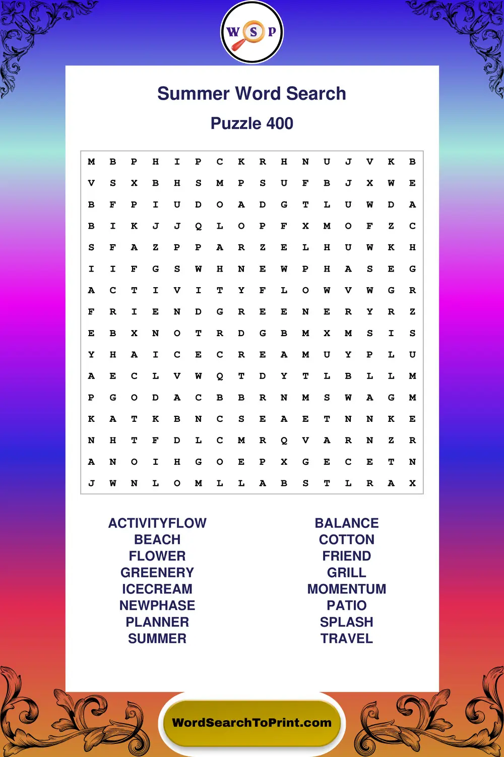 Summer Word Search Puzzle 400
