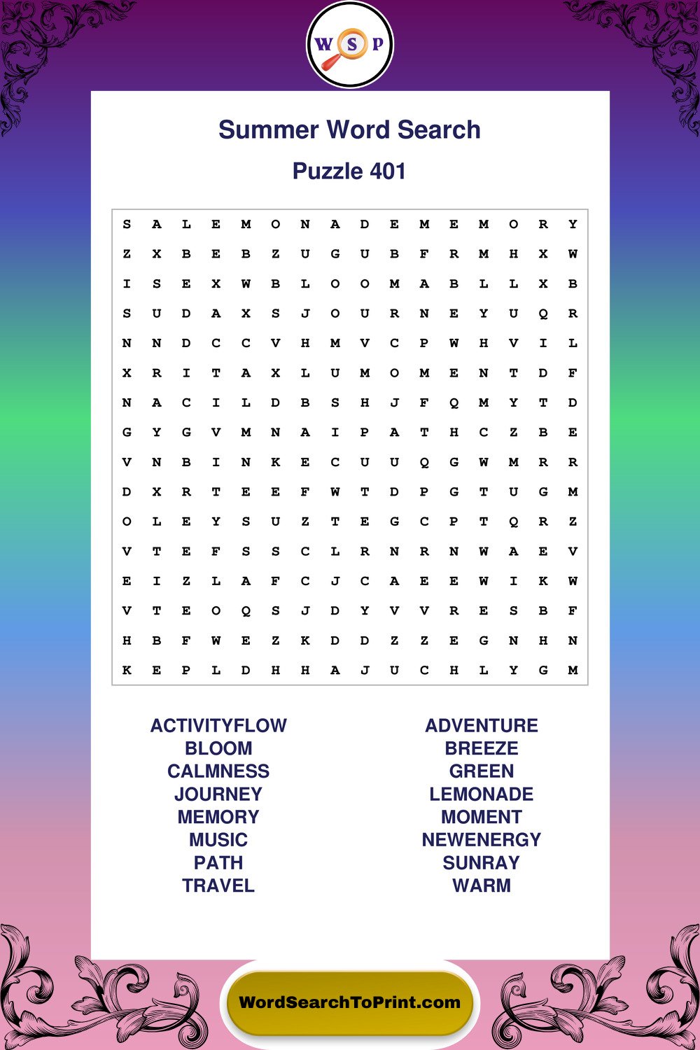 Summer Word Search Puzzle 401