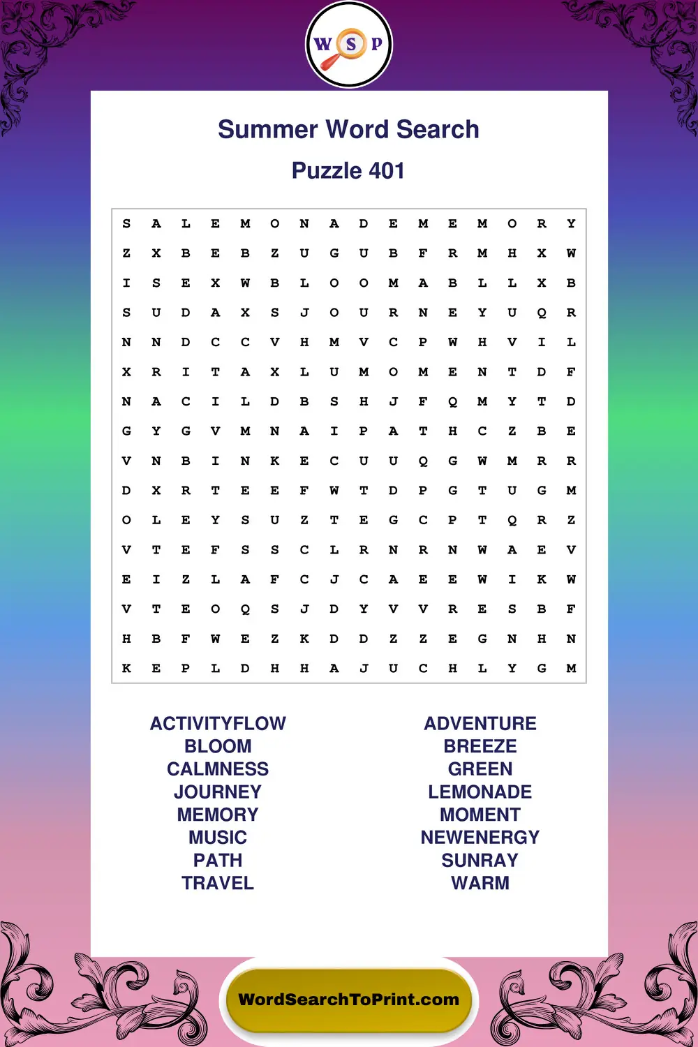 Summer Word Search Puzzle 401