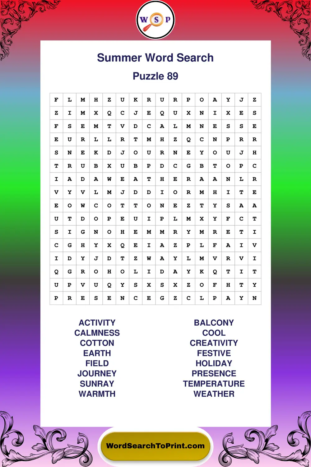 Summer Word Search Puzzle 89