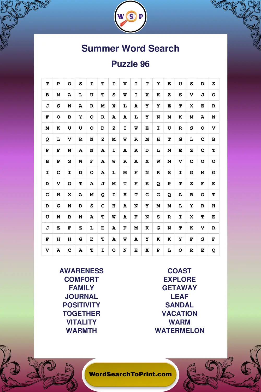 Summer Word Search Puzzle 96