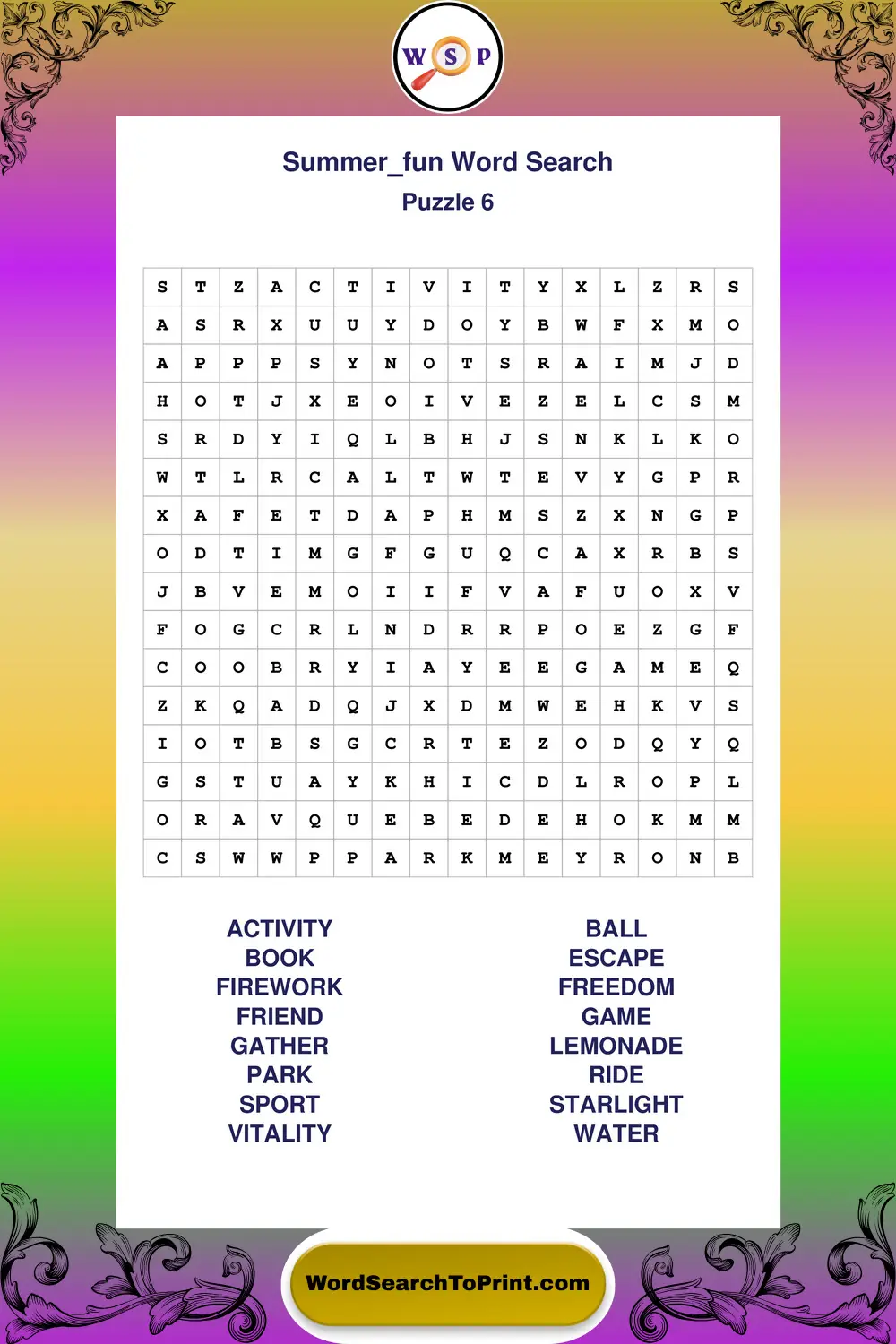 Summer Fun Word Search Puzzle 6