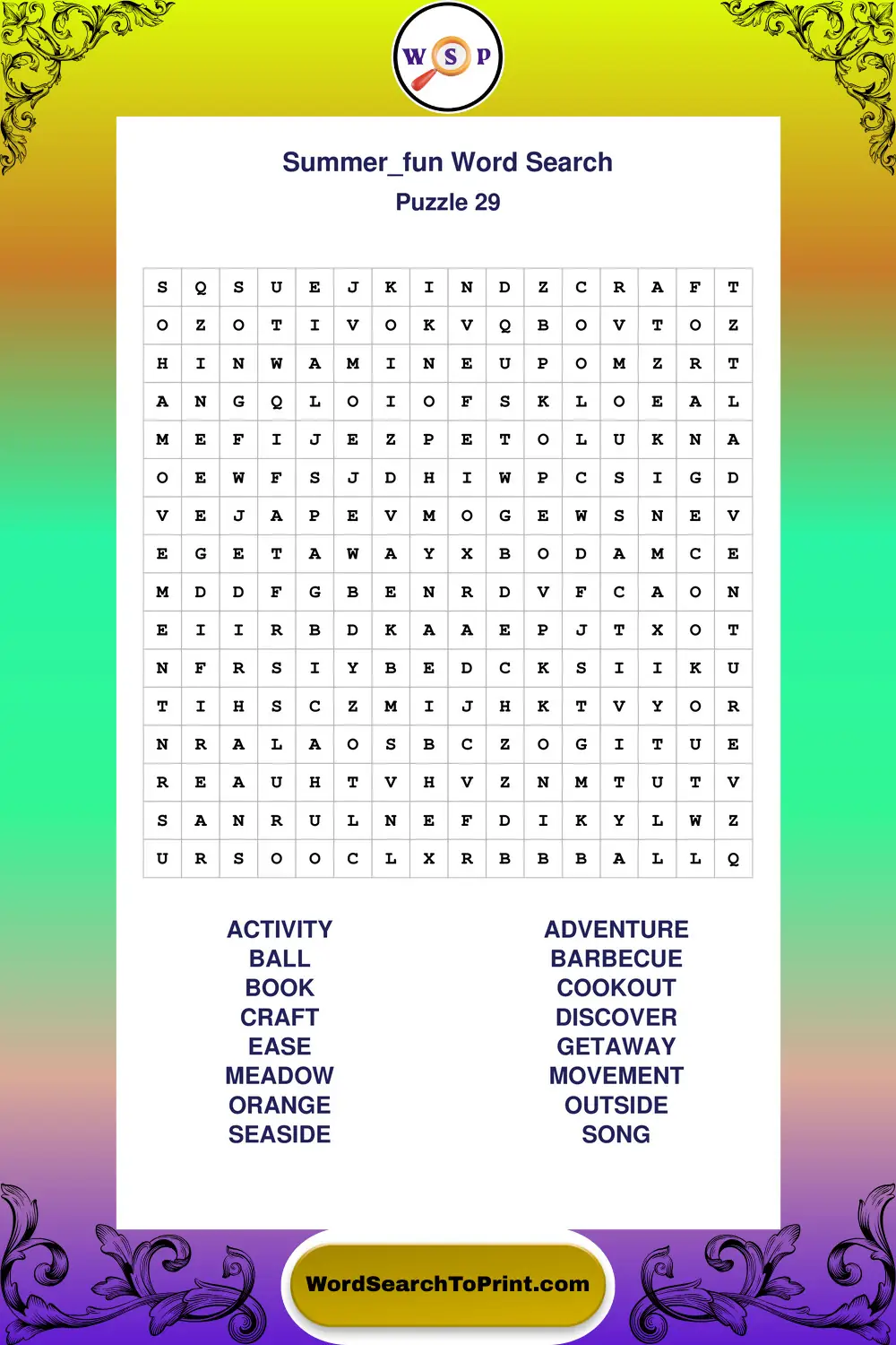 Summer Fun Word Search Puzzle 29