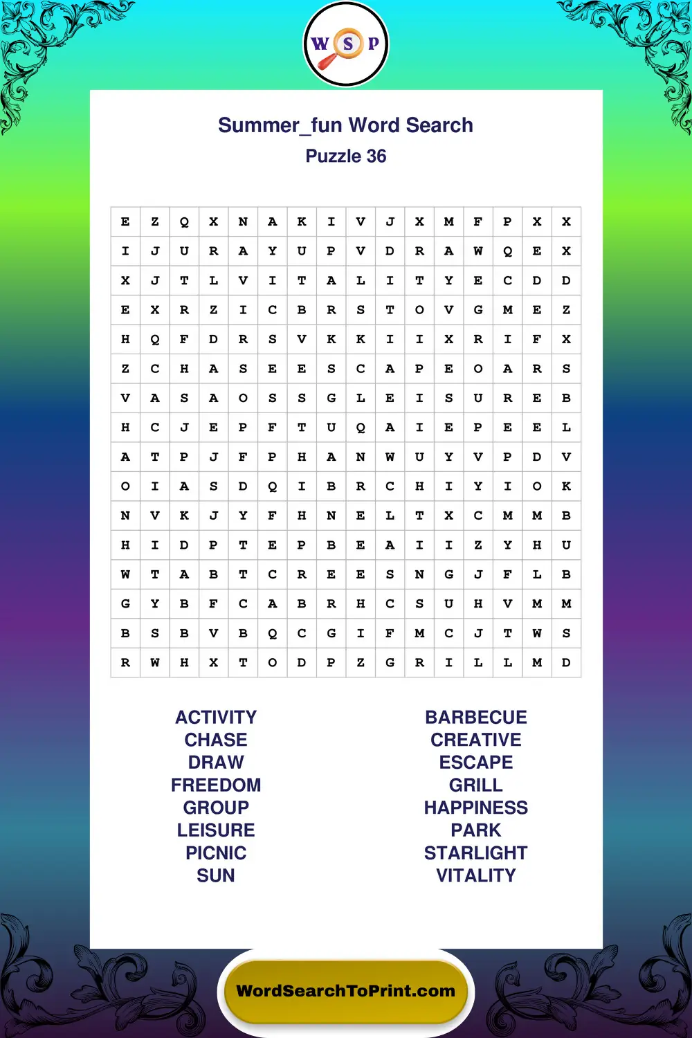 Summer Fun Word Search Puzzle 36
