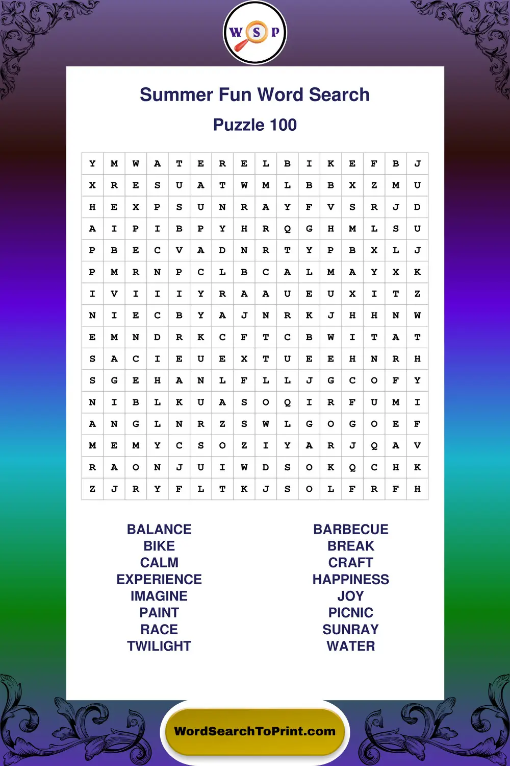 Summer Fun Word Search Puzzle 100