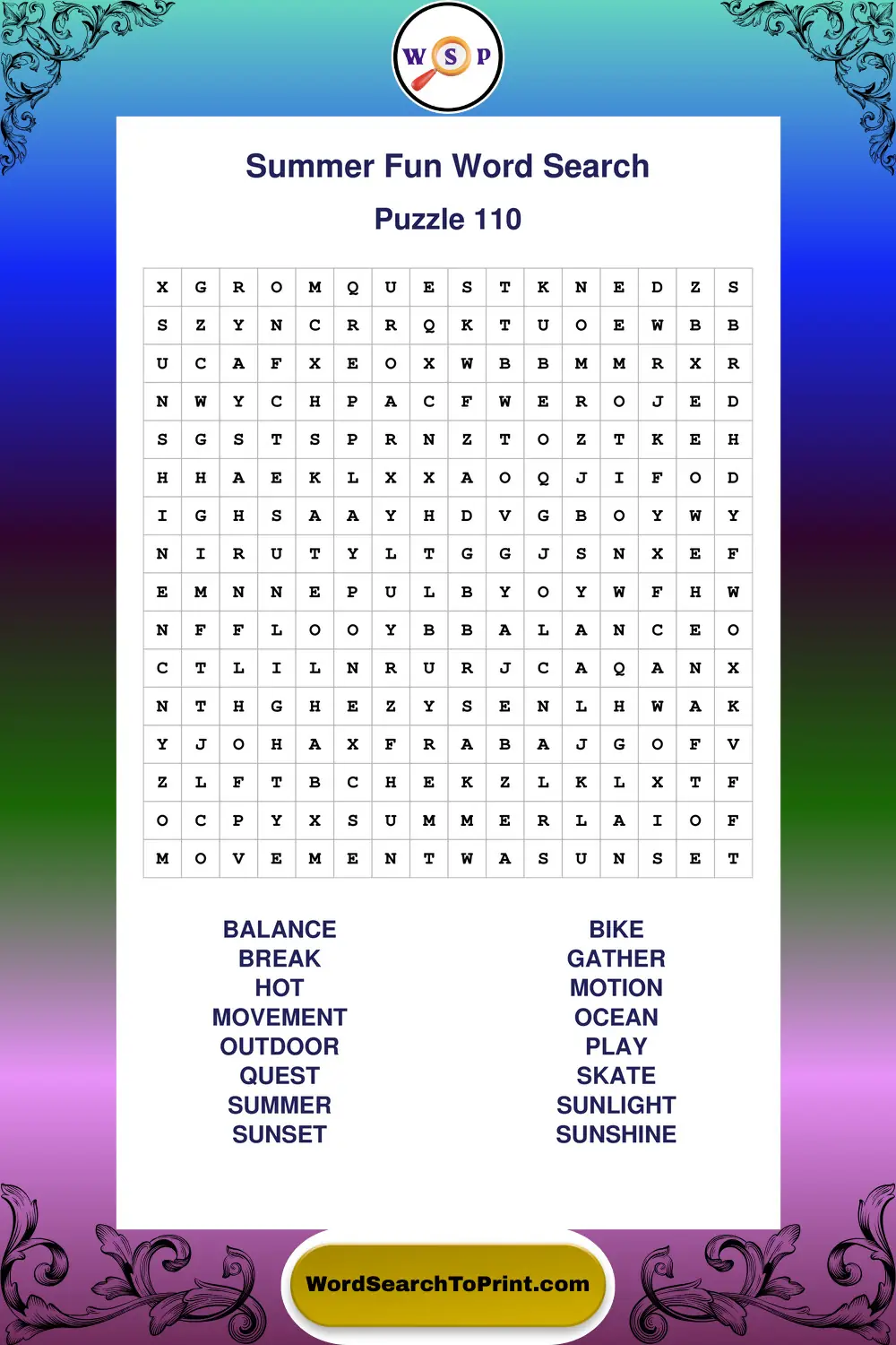 Summer Fun Word Search Puzzle 110