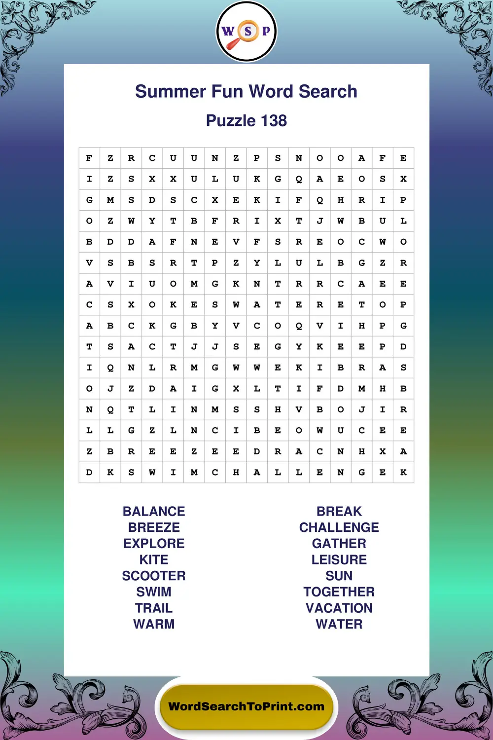 Summer Fun Word Search Puzzle 138