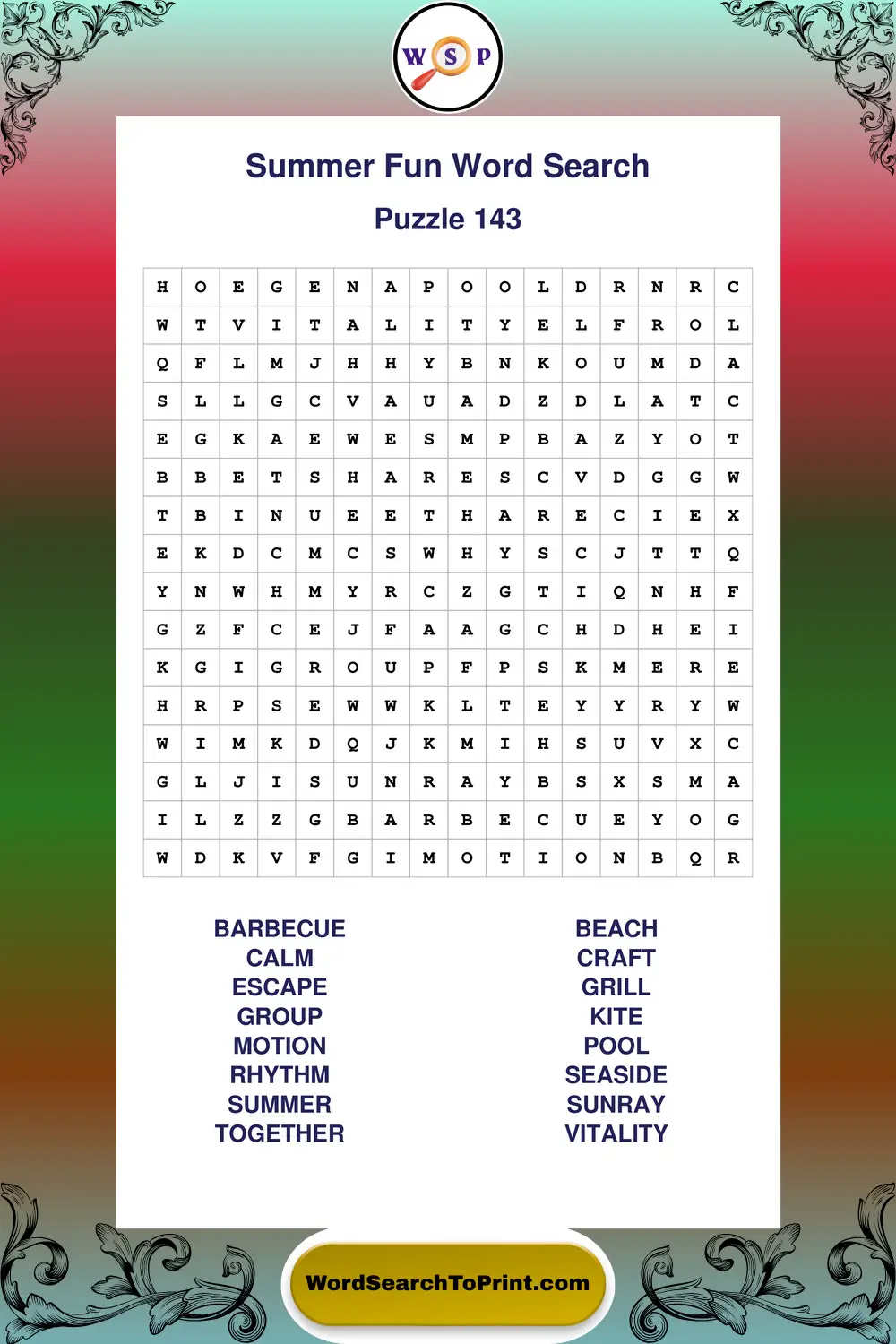 Summer Fun Word Search Puzzle 143