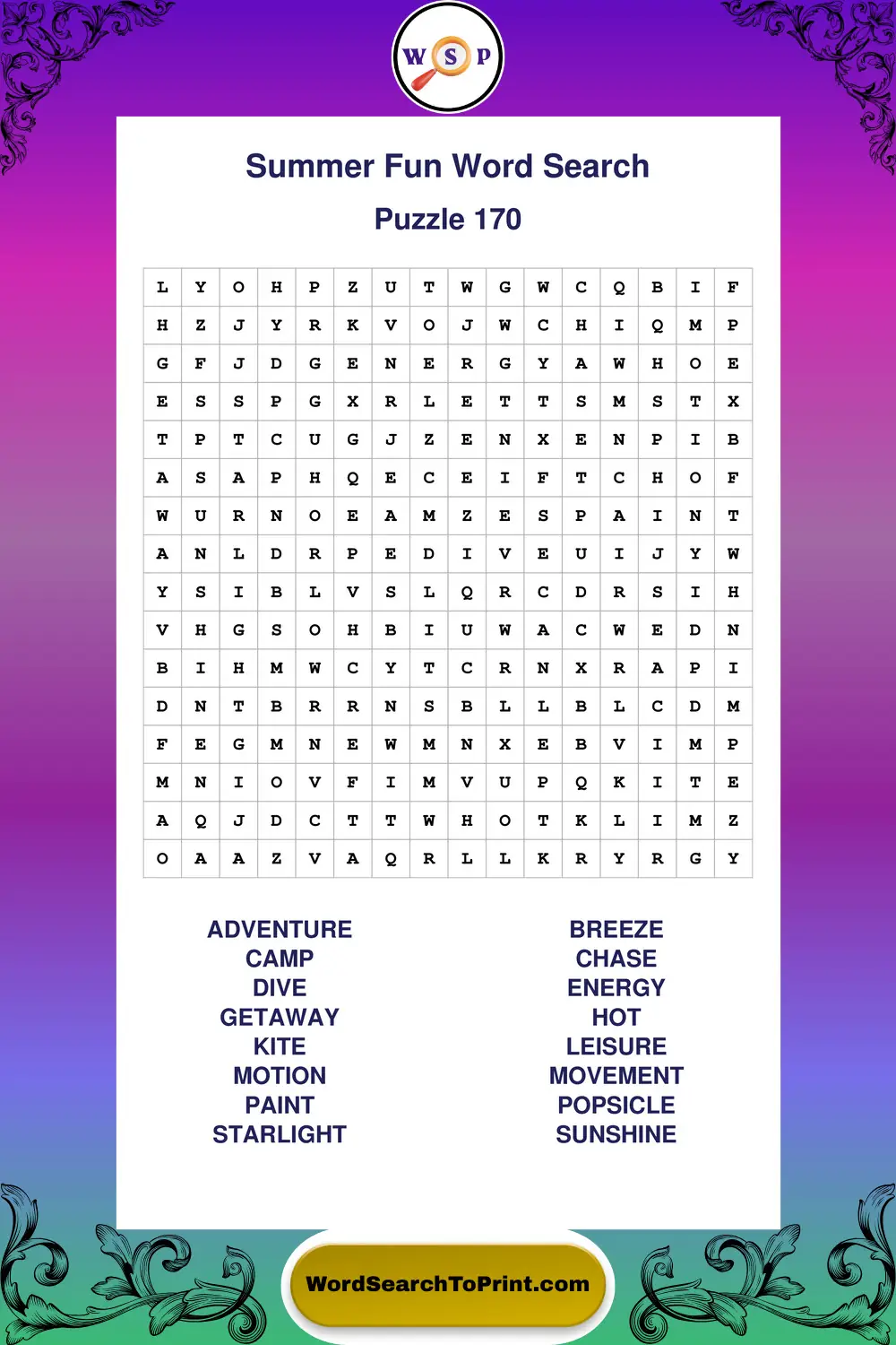 Summer Fun Word Search Puzzle 170
