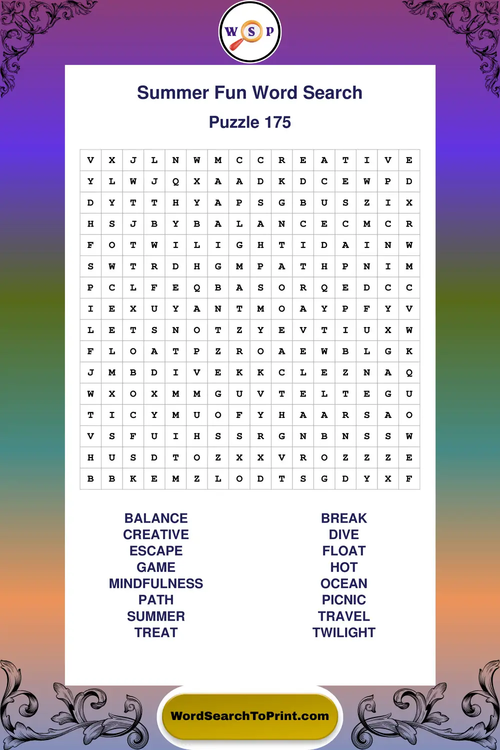 Summer Fun Word Search Puzzle 175