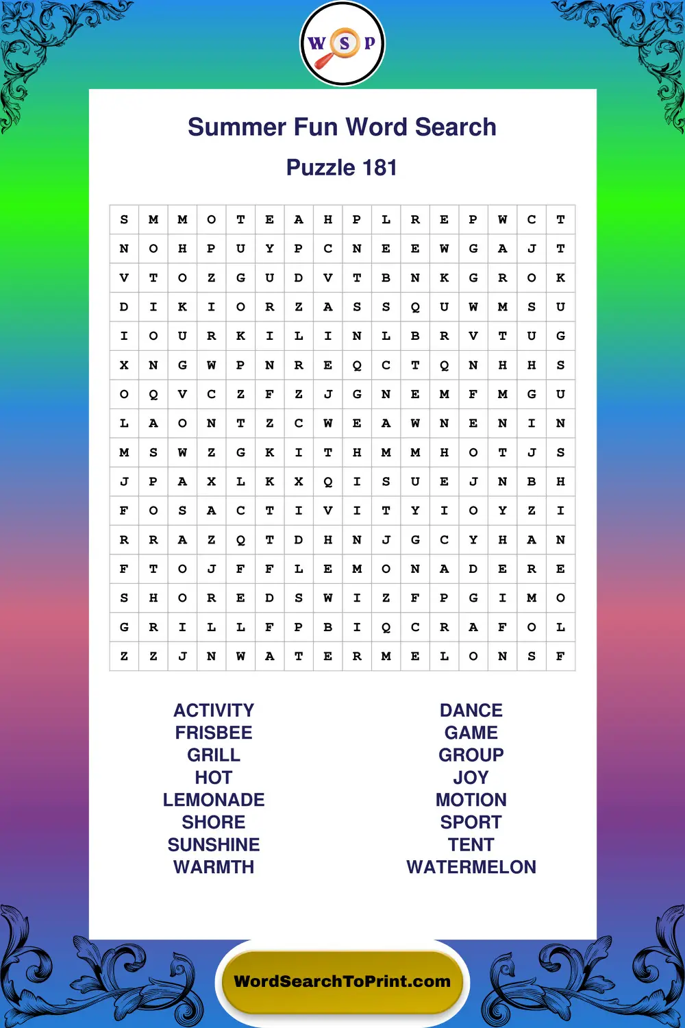 Summer Fun Word Search Puzzle 181