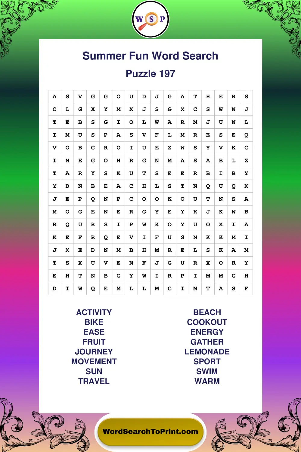 Summer Fun Word Search Puzzle 197