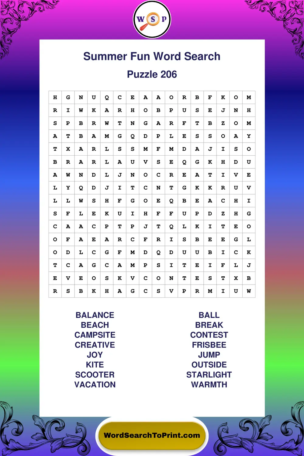Summer Fun Word Search Puzzle 206