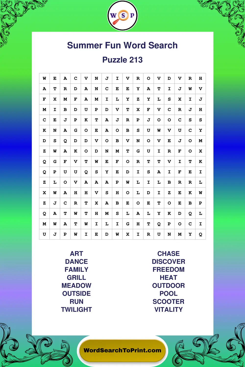 Summer Fun Word Search Puzzle 213