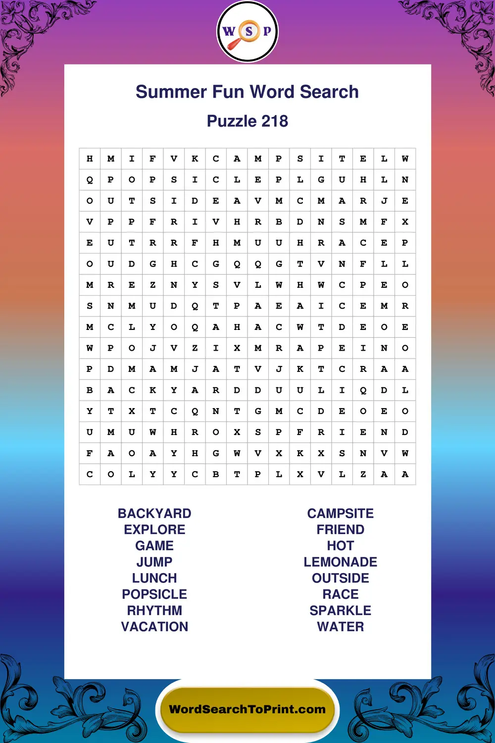 Summer Fun Word Search Puzzle 218