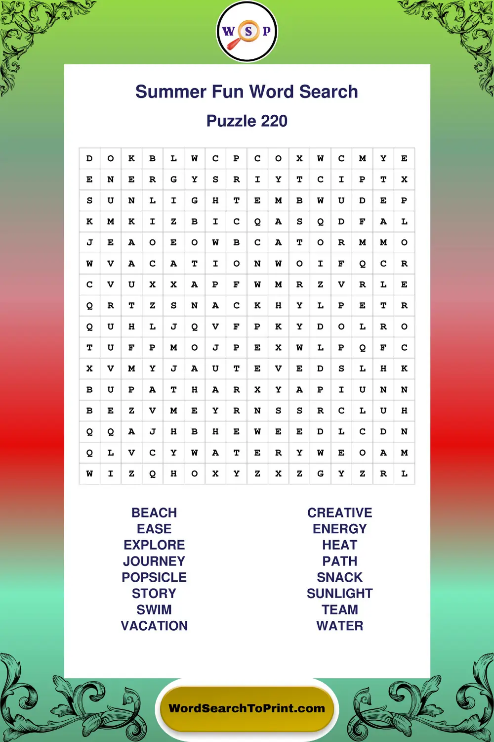 Summer Fun Word Search Puzzle 220
