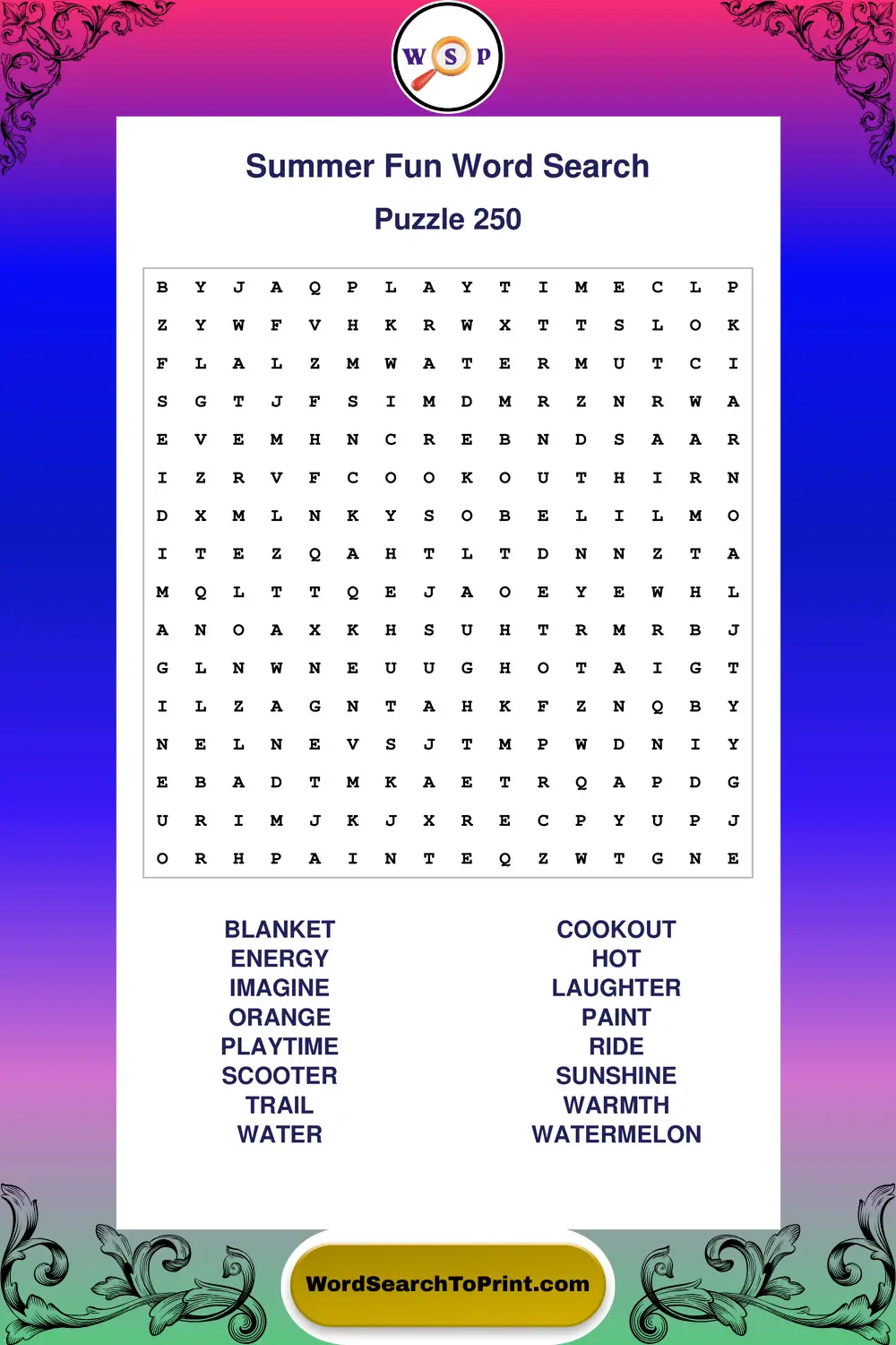 Summer Fun Word Search Puzzle 250