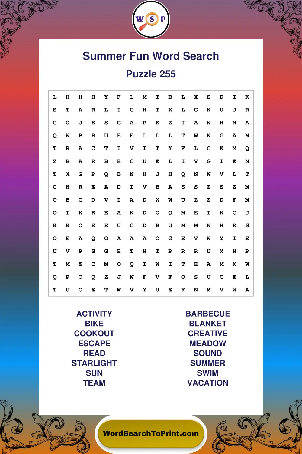 Summer Fun Word Search Puzzle 255