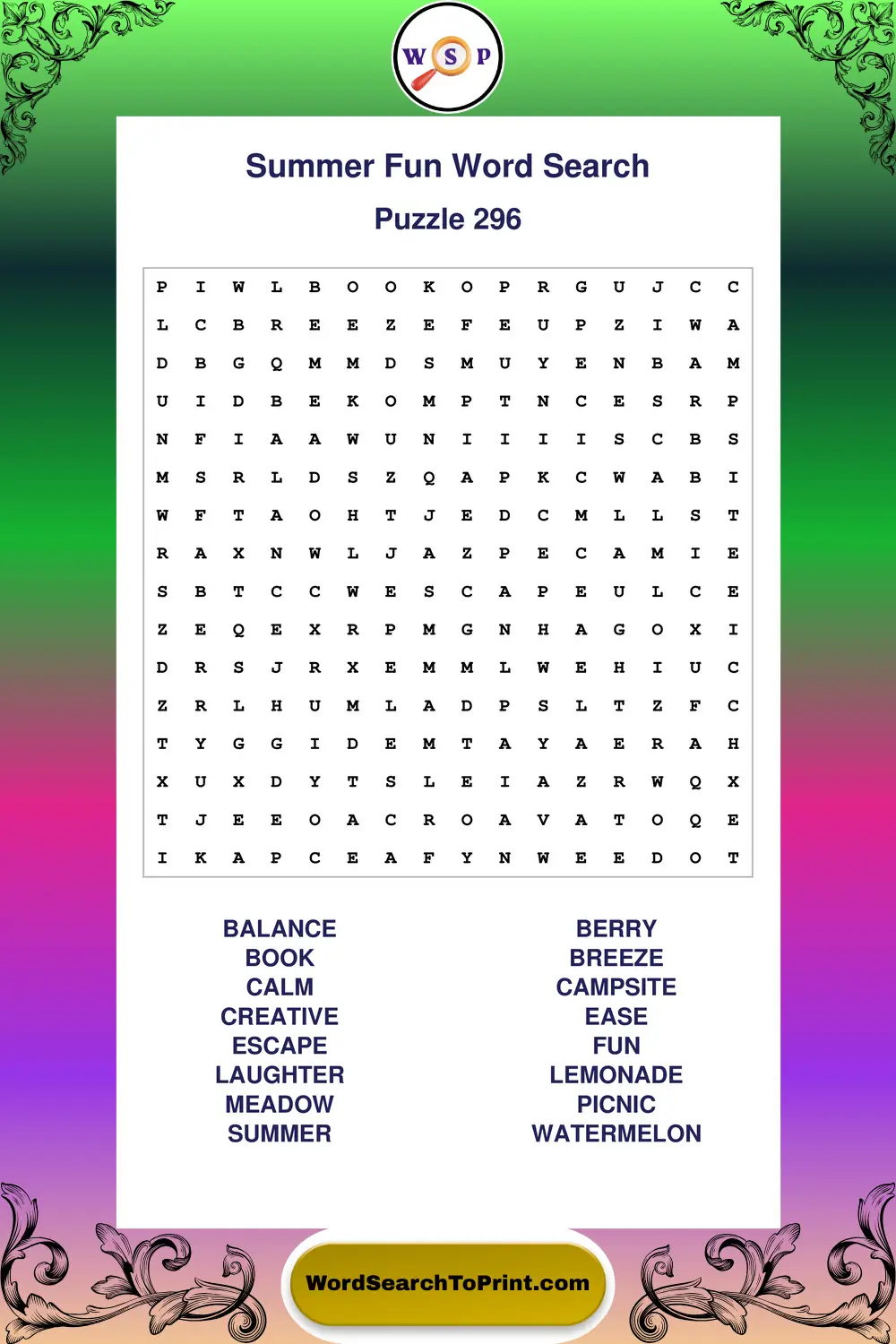 Summer Fun Word Search Puzzle 296