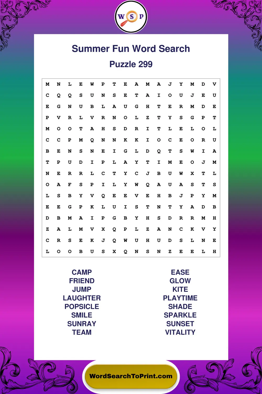Summer Fun Word Search Puzzle 299