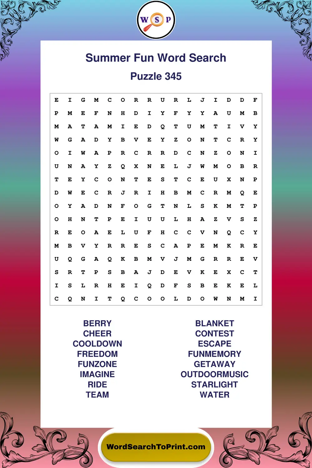 Summer Fun Word Search Puzzle 345