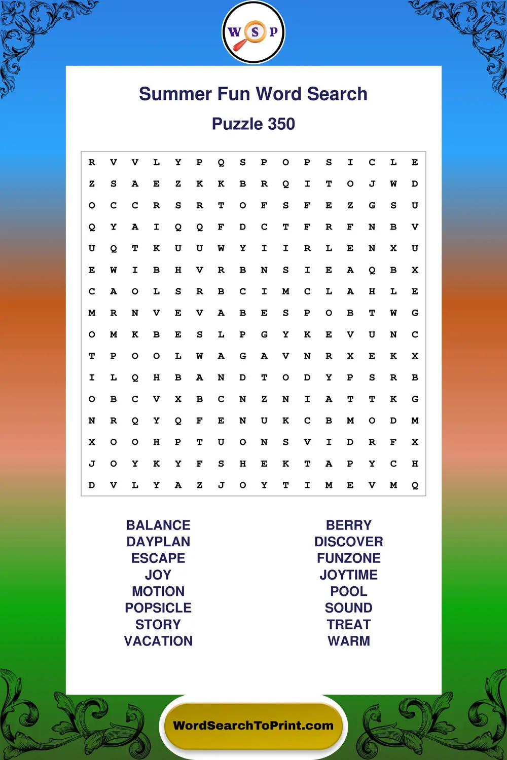 Summer Fun Word Search Puzzle 350