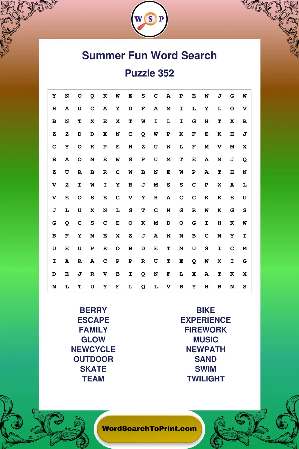 Summer Fun Word Search Puzzle 352