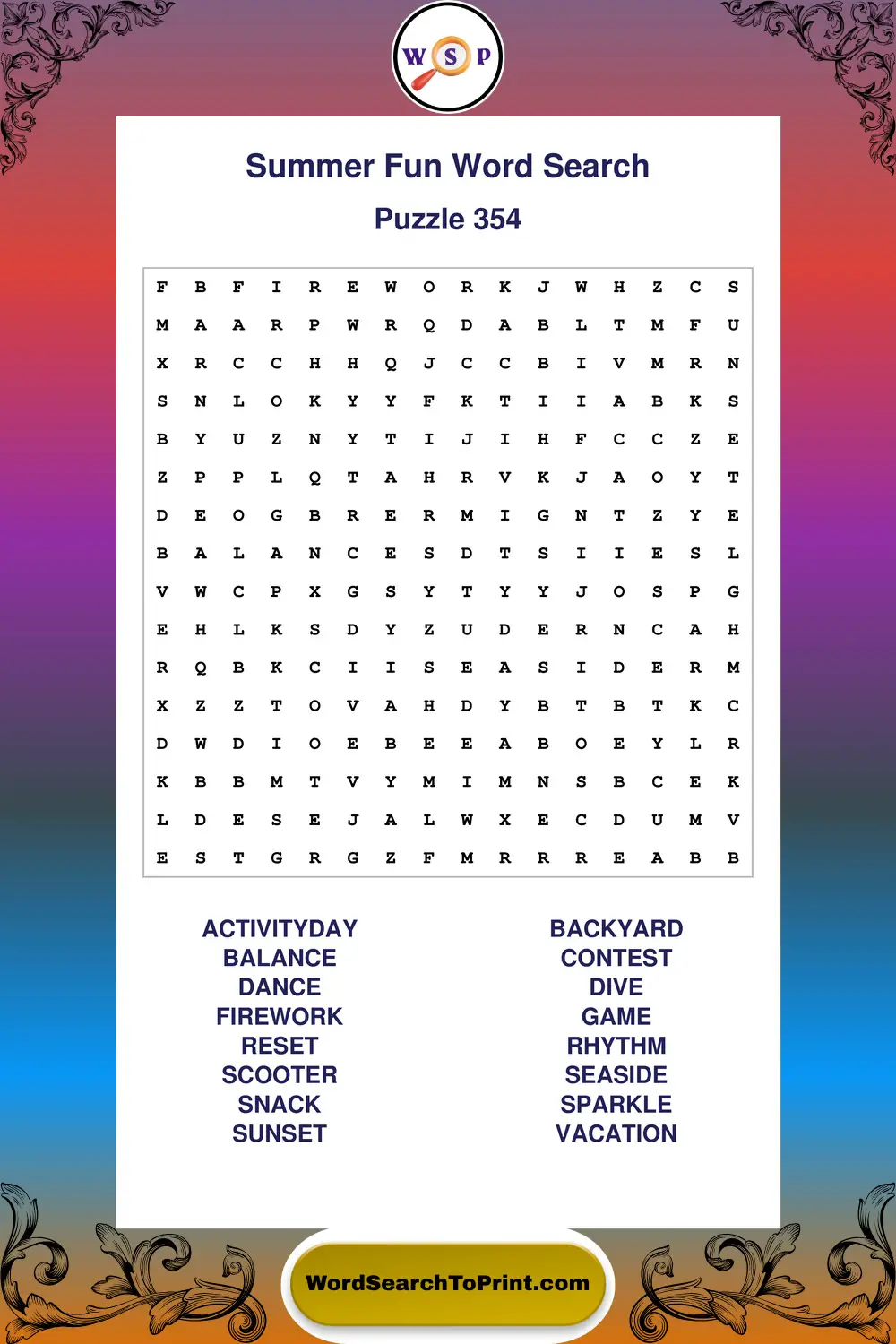 Summer Fun Word Search Puzzle 354