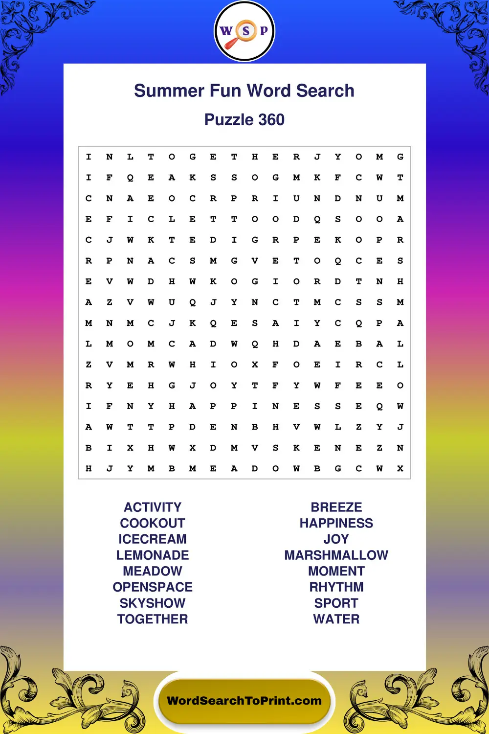 Summer Fun Word Search Puzzle 360