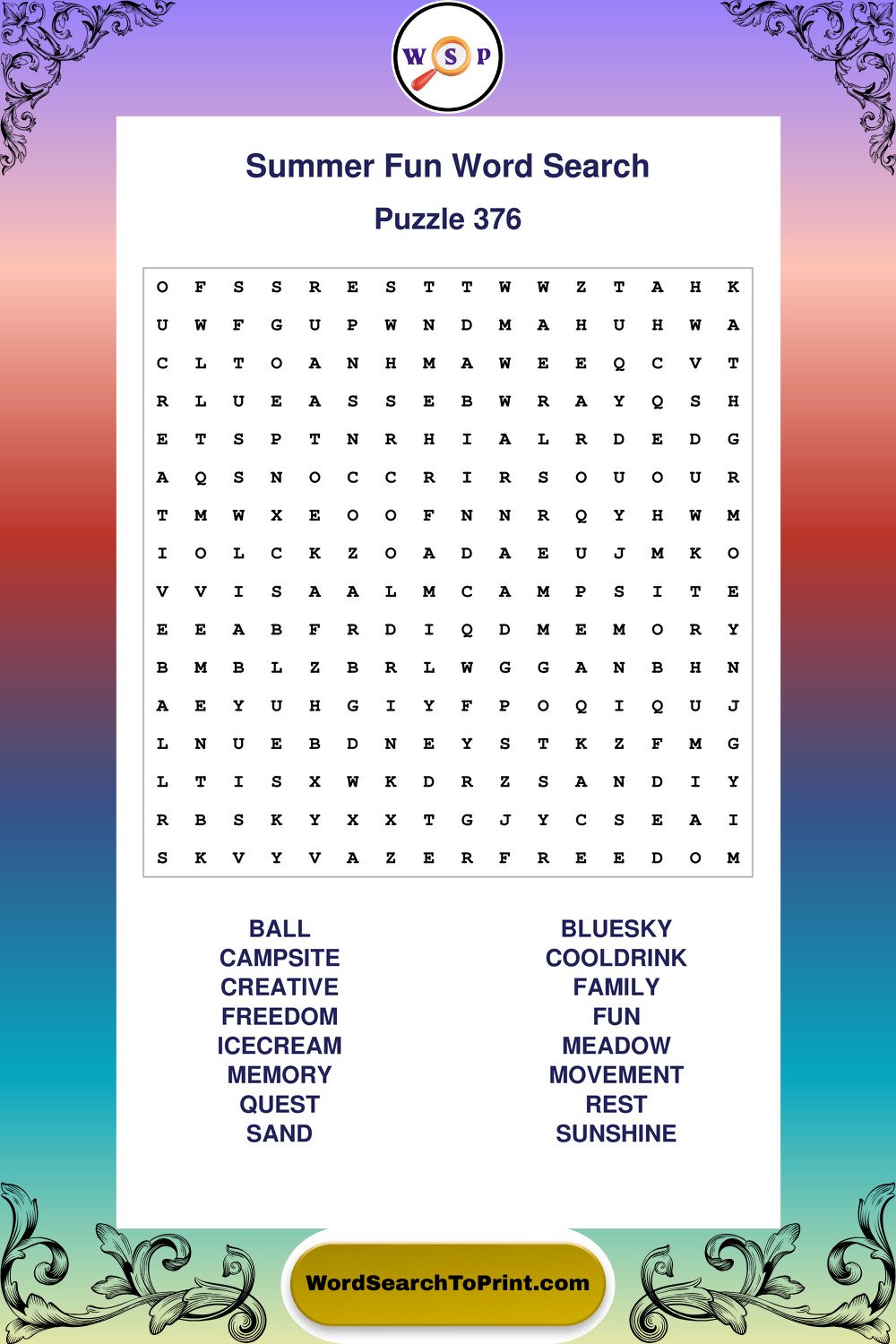 Summer Fun Word Search Puzzle 376