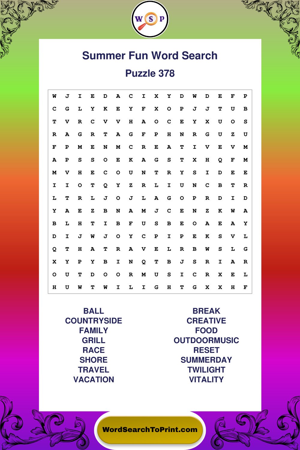 Summer Fun Word Search Puzzle 378