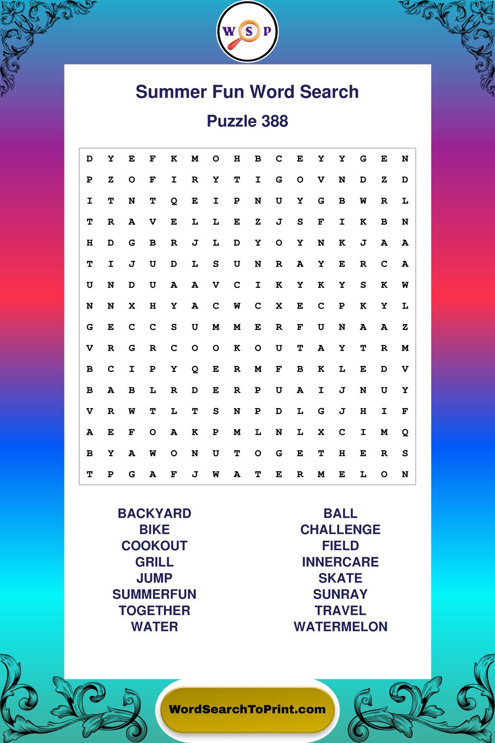 Summer Fun Word Search Puzzle 388