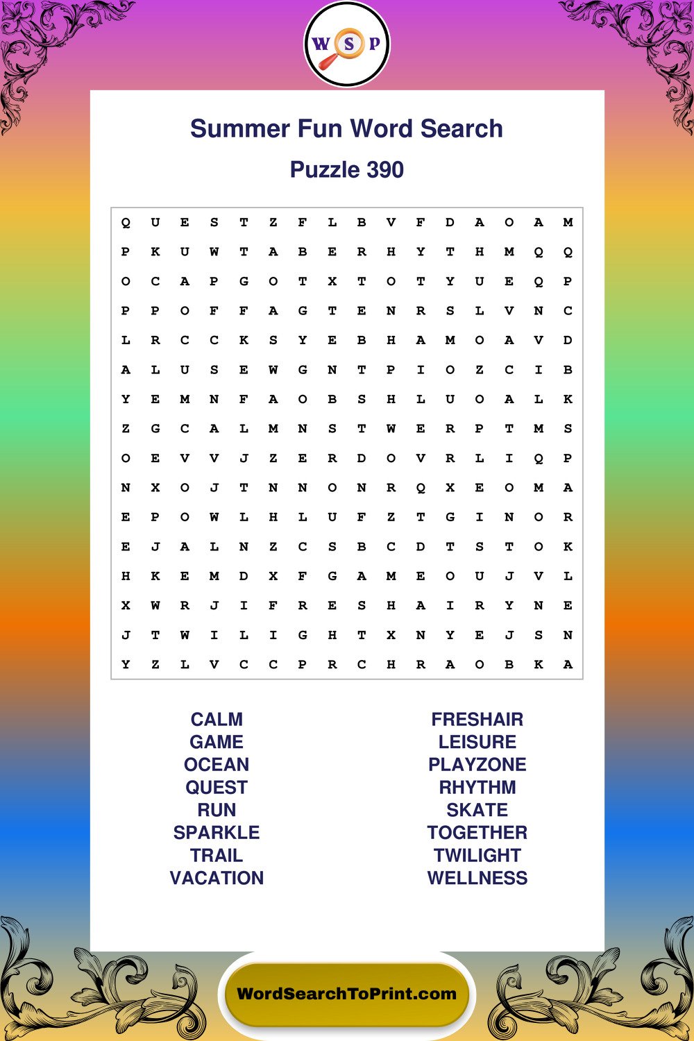 Summer Fun Word Search Puzzle 390