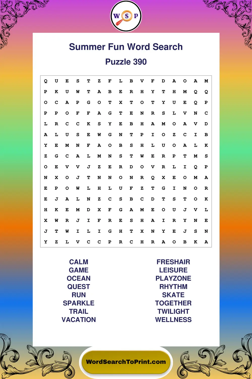 Summer Fun Word Search Puzzle 390
