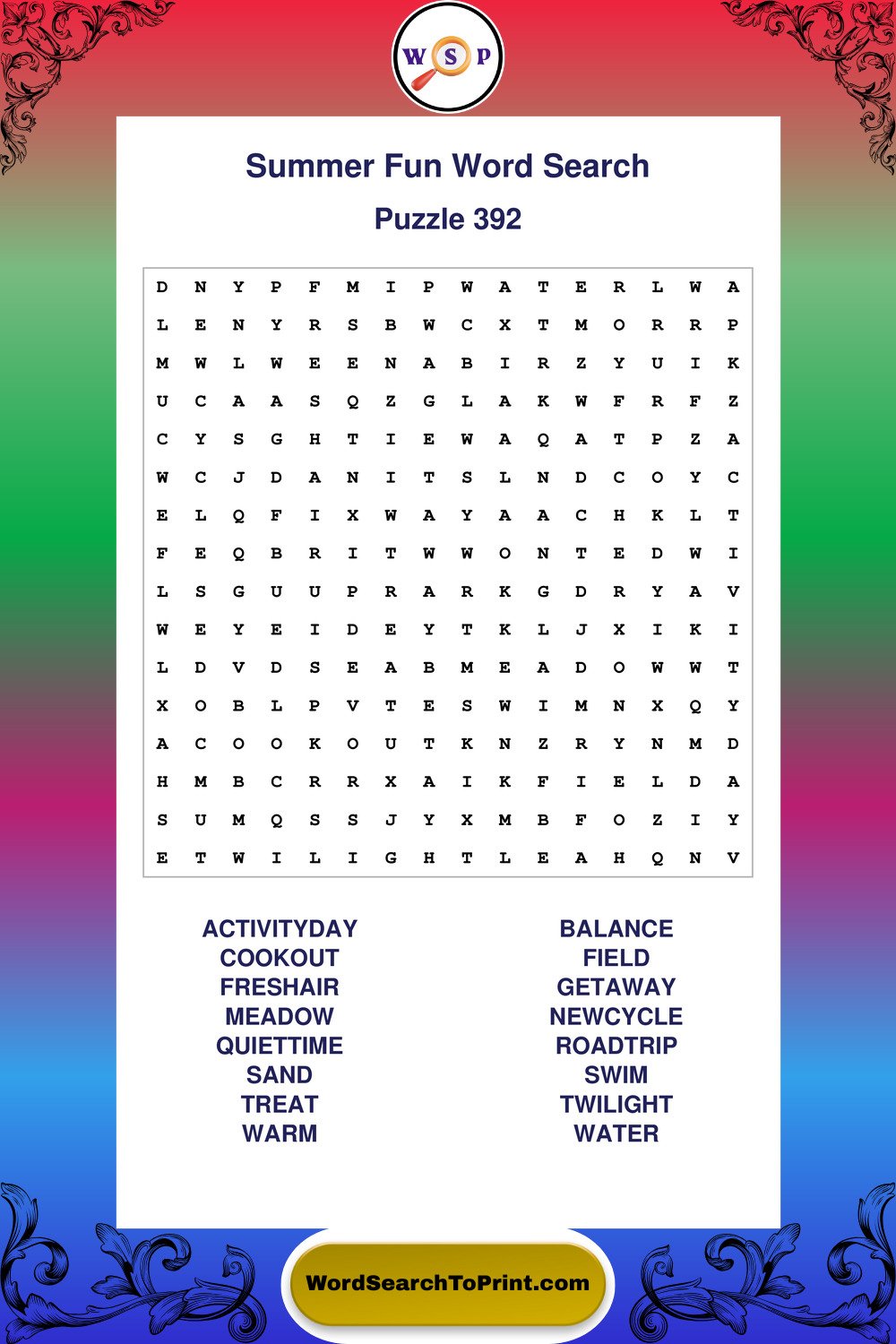 Summer Fun Word Search Puzzle 392