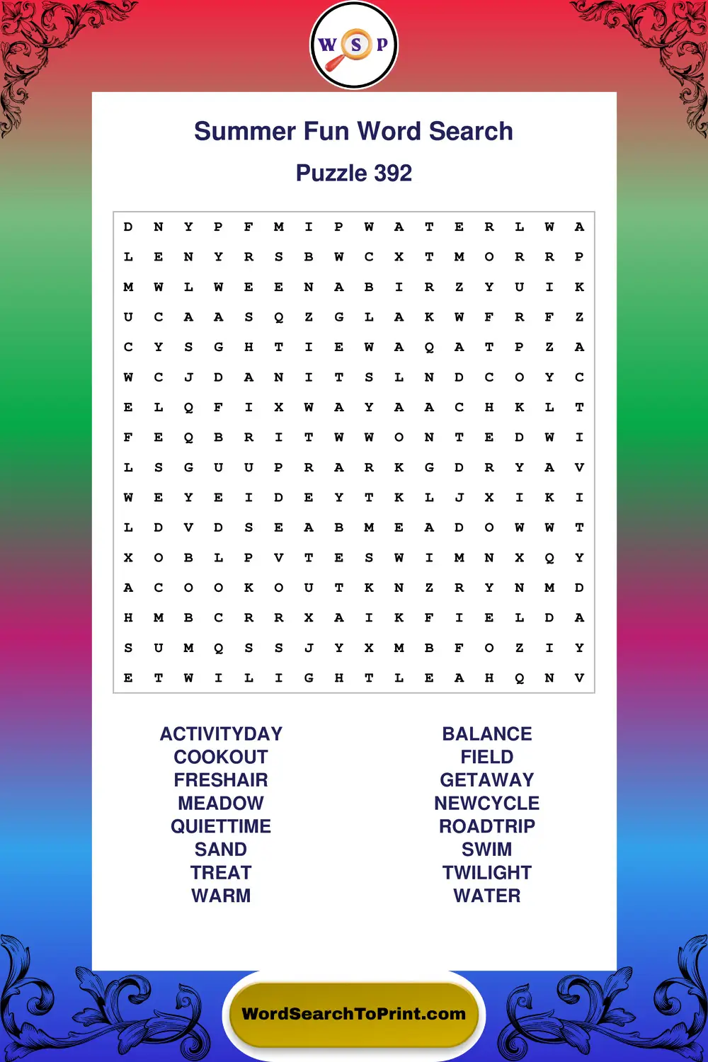 Summer Fun Word Search Puzzle 392
