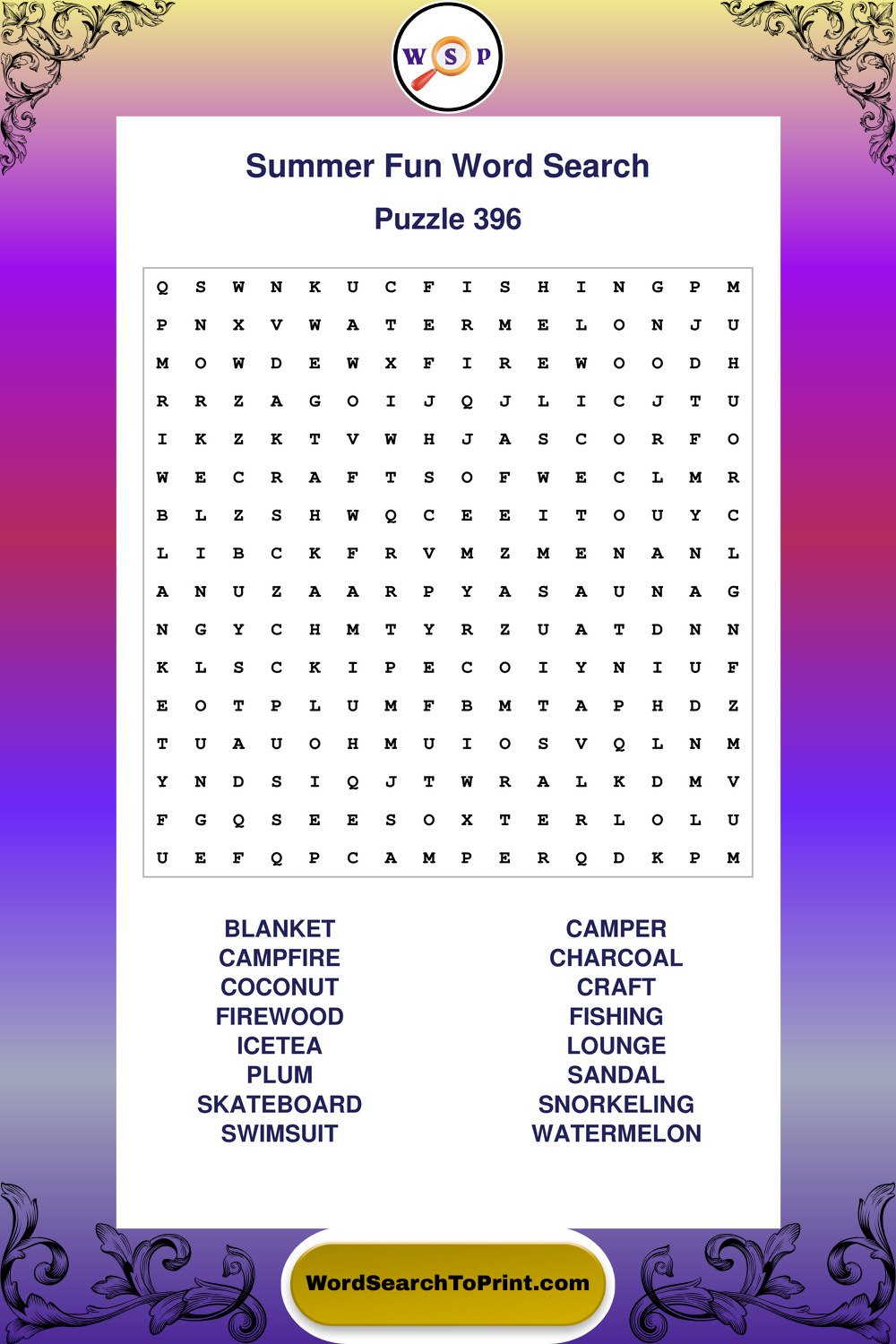 Summer Fun Word Search Puzzle 396