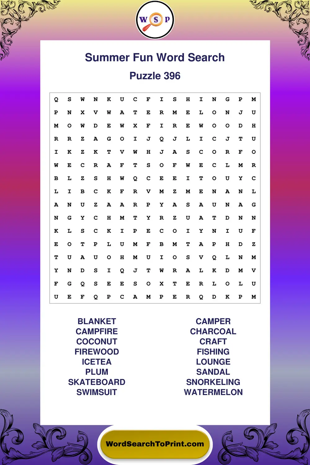Summer Fun Word Search Puzzle 396