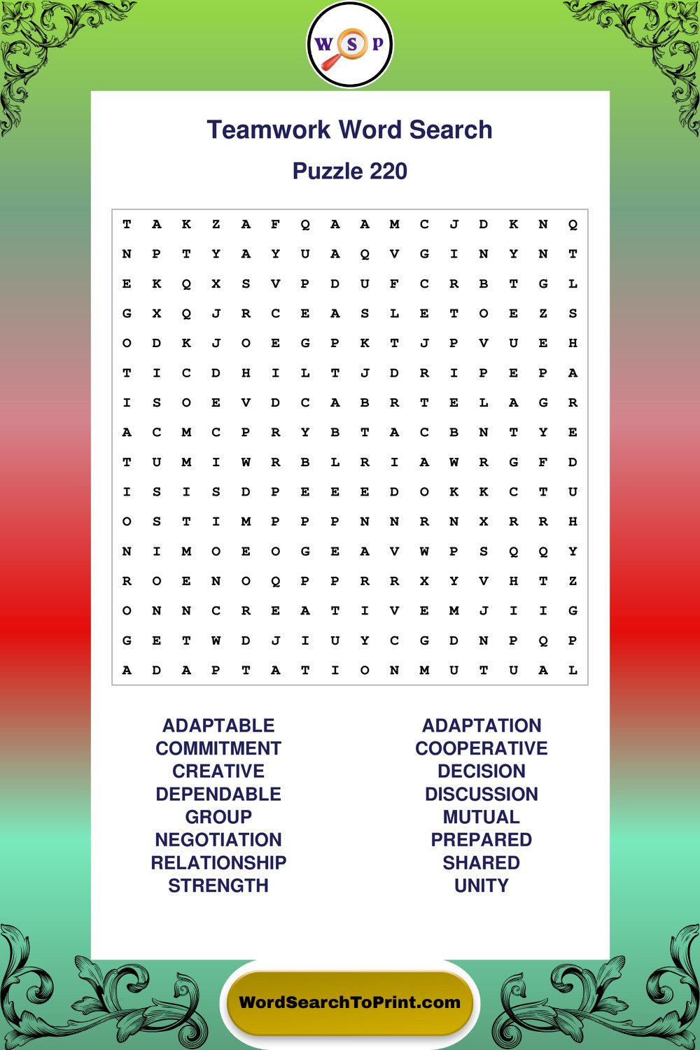 Teamwork Word Search Puzzle 220