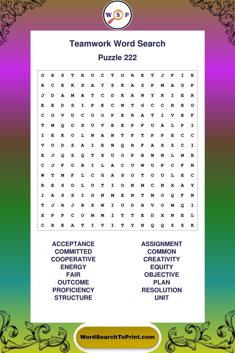 Teamwork Word Search Puzzle 222