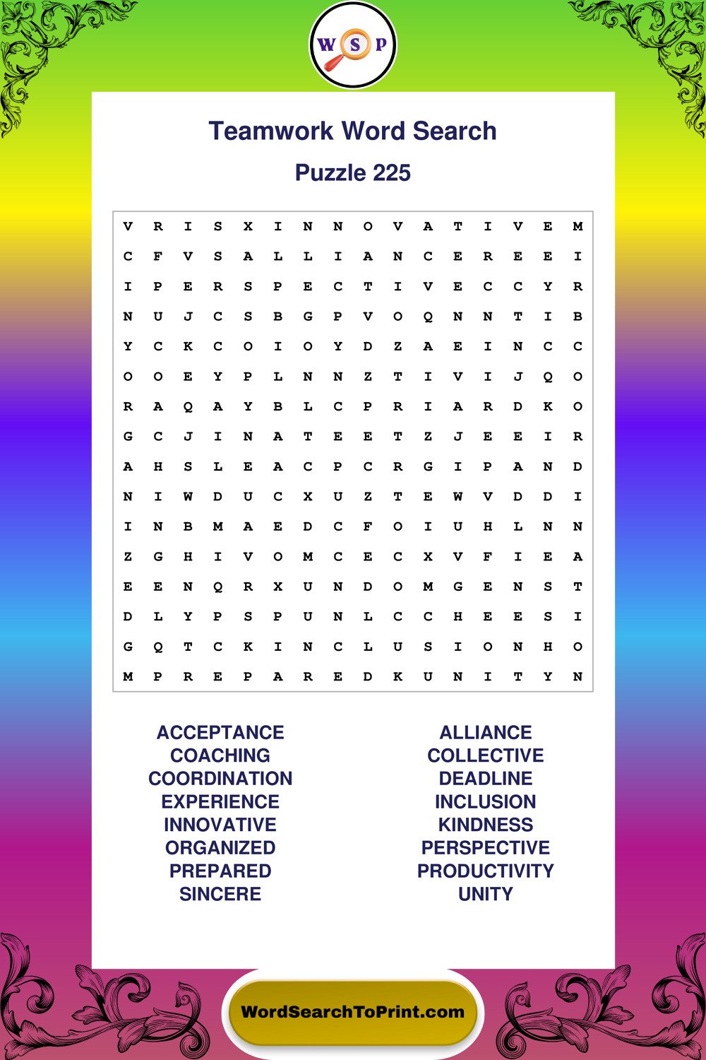 Teamwork Word Search Puzzle 225