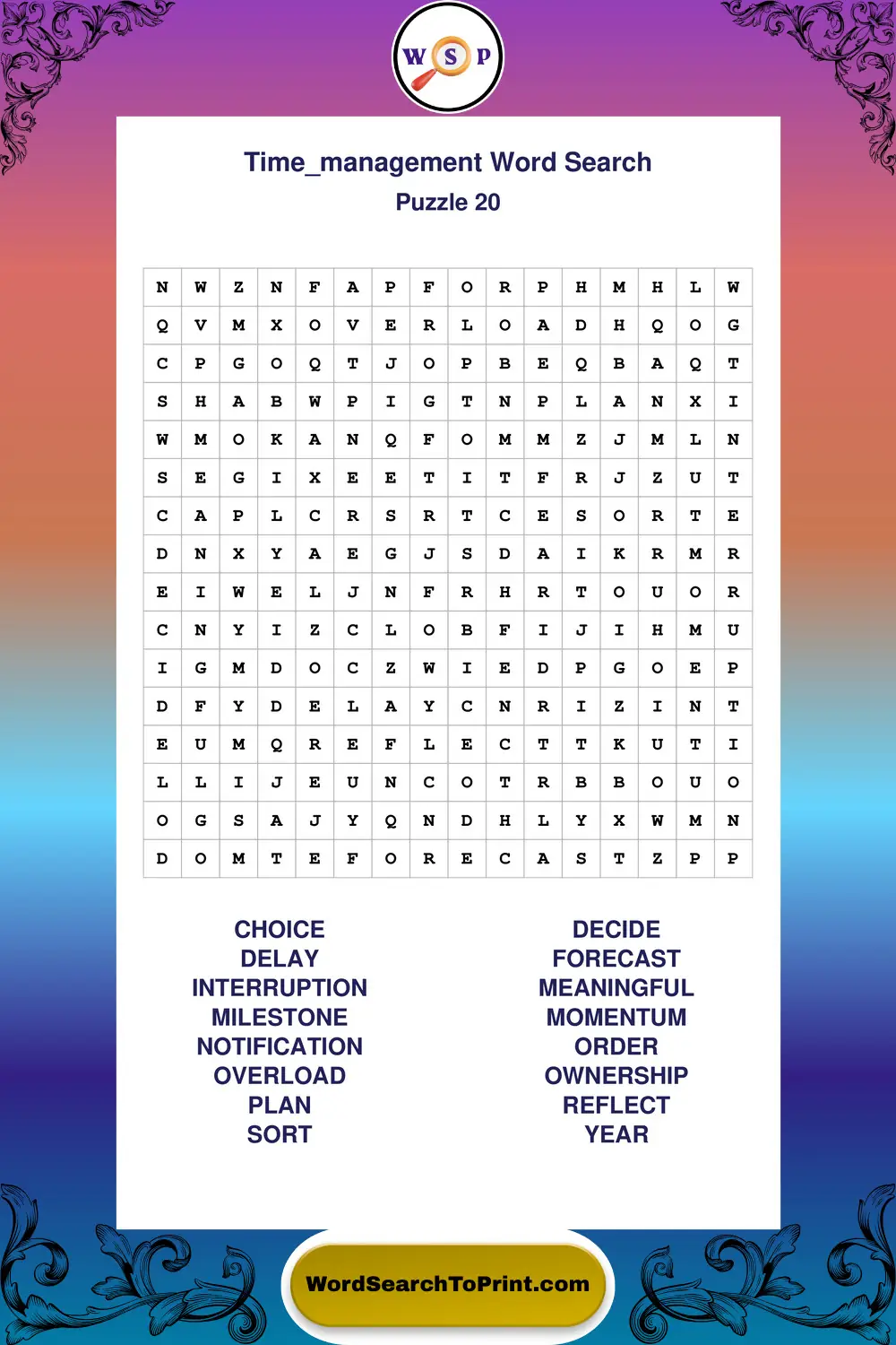Time Management Word Search Puzzle 20